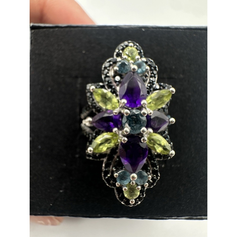 Sterling Silver Multi-Gemstone Cluster Cocktail Statement Ring Size 7